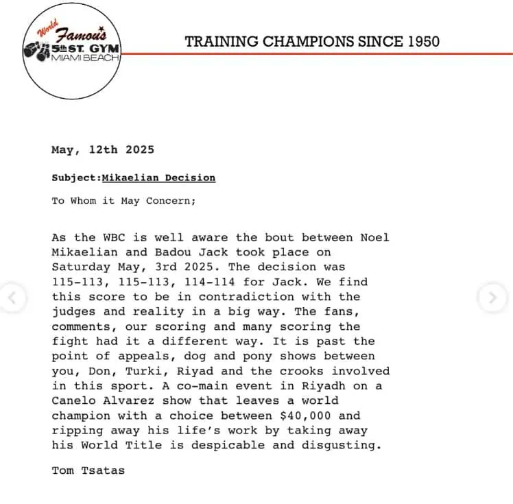 Lettre WBC Tsatas