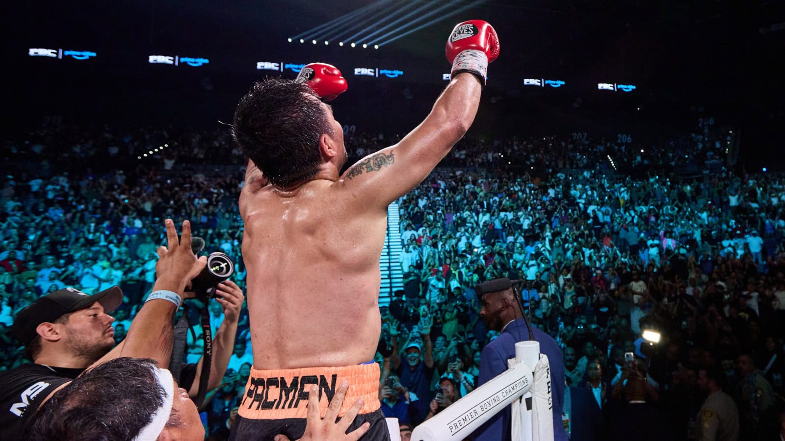 Manny Pacquiao celebrates after Mario Barrios fight