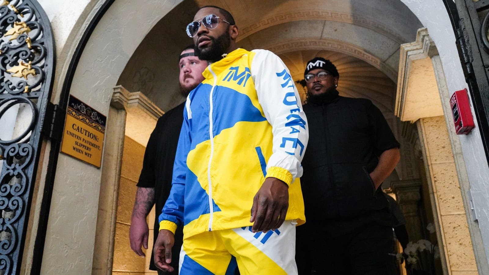 Floyd Mayweather arriving with security during his Showtime-era career