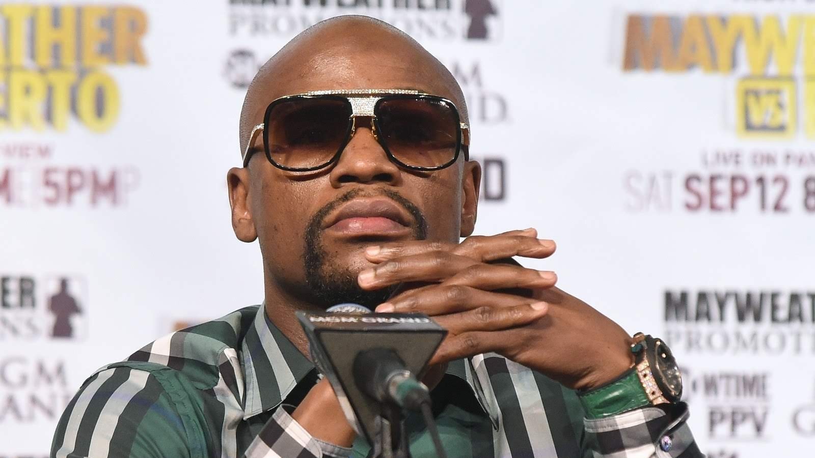 Floyd Mayweather at the press conference for his final fight on Showtime