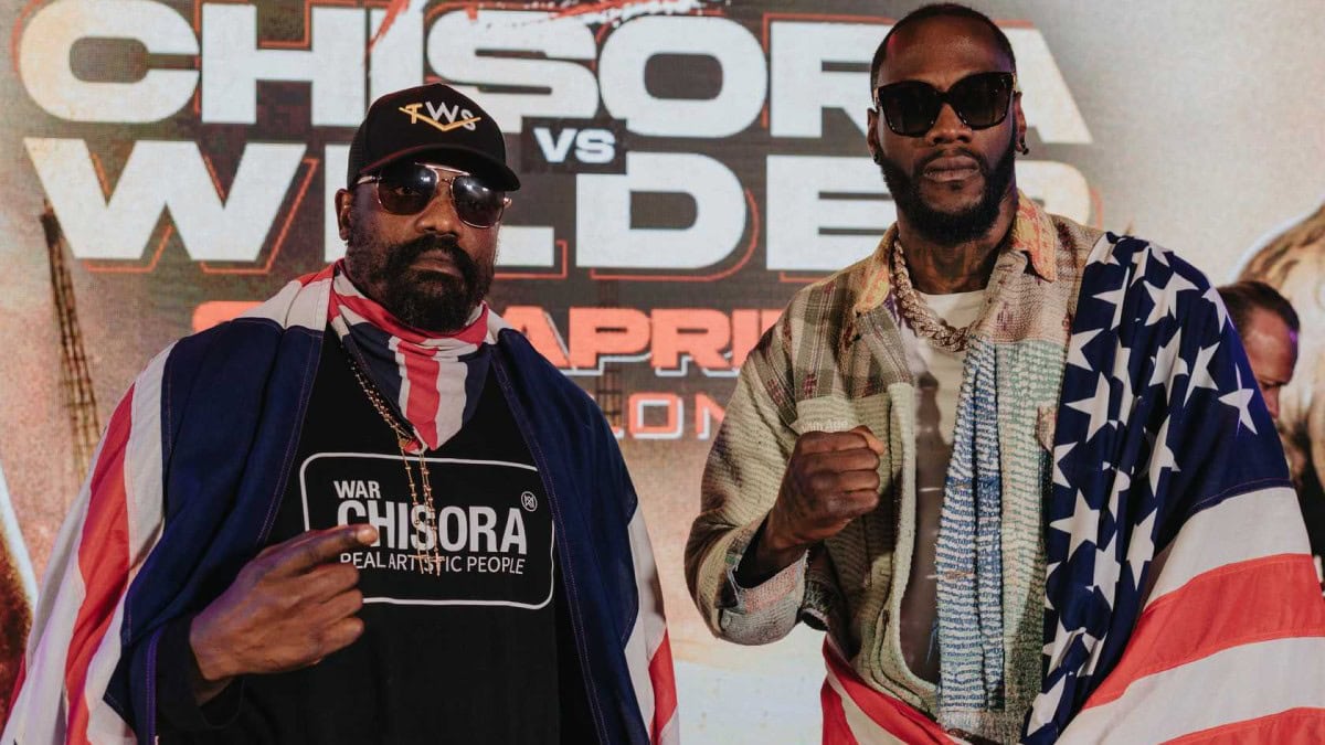Deontay Wilder and Dereck Chisora stand side by side looking at the camera during the London press conference for their April 4 fight at The O2 Arena.