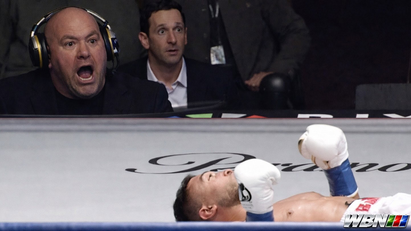 Dana White reacts with his mouth open ringside as Ahmed Elbiali lies knocked out on the canvas during Umar Dzambekov’s second-round stoppage at Zuffa Boxing 3.