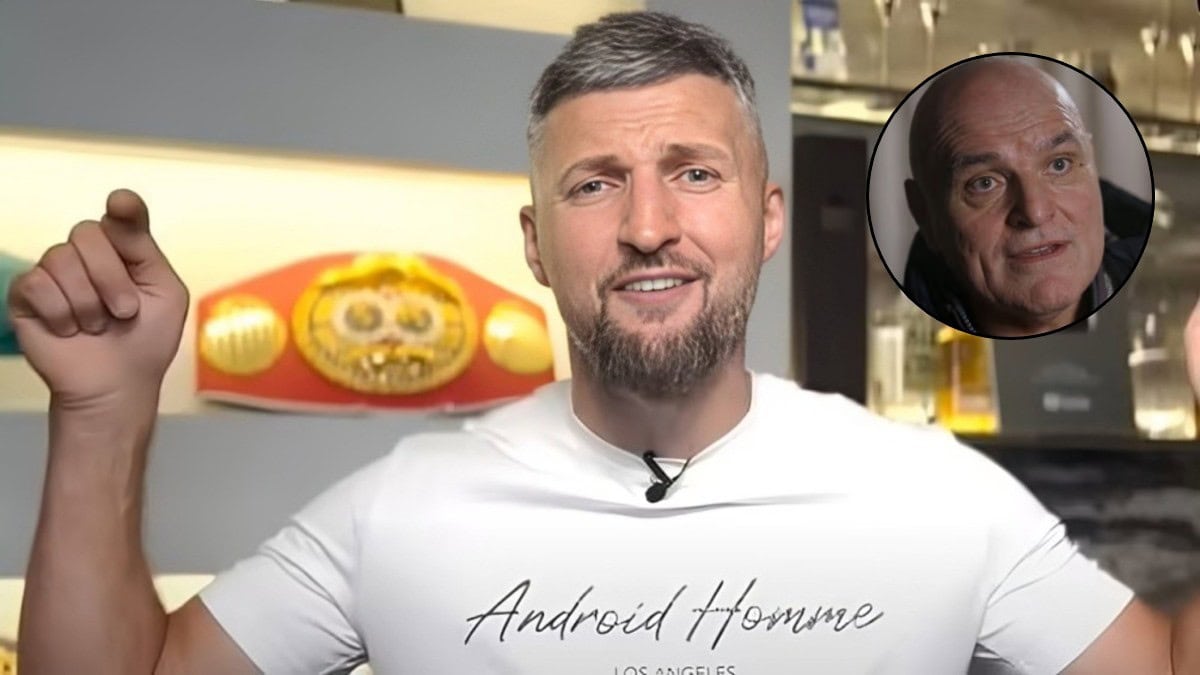 Carl Froch speaking on his podcast with an inset image of John Fury during recent media appearances