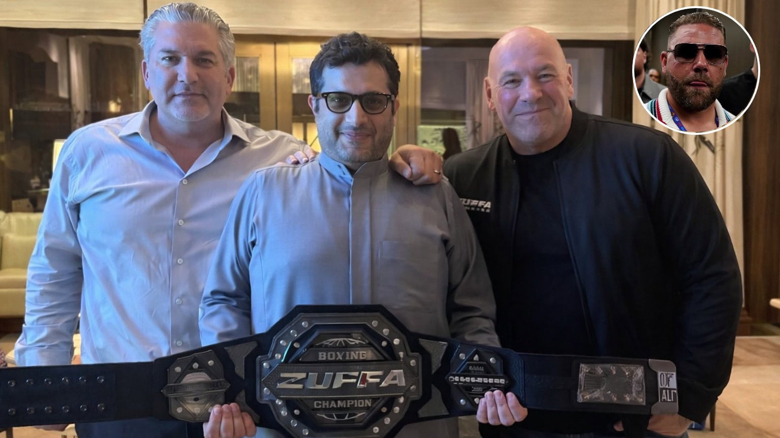 Billy Joe Saunders inset alongside Turki Alalshikh and Dana White holding the first Zuffa Boxing belt