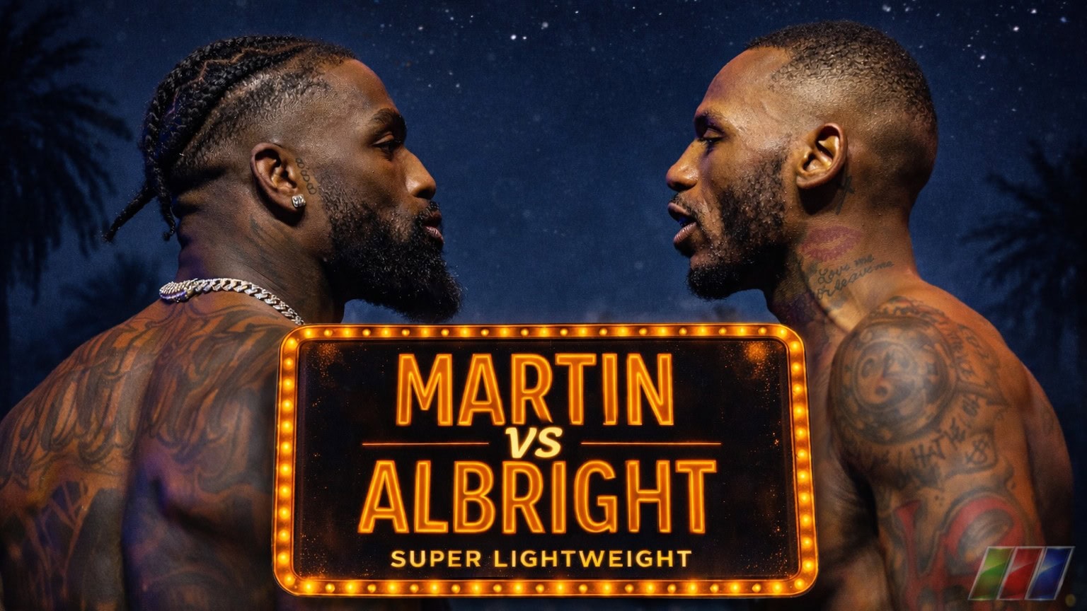 Frank Martin and Nahir Albright square off in a promotional graphic with a neon “Martin vs Albright” sign ahead of their super lightweight bout in Las Vegas.
