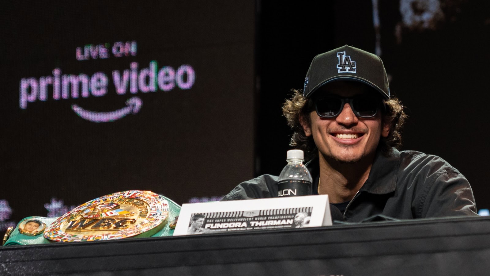 Sebastian Fundora at press conference with WBC super welterweight belt ahead of Keith Thurman fight
