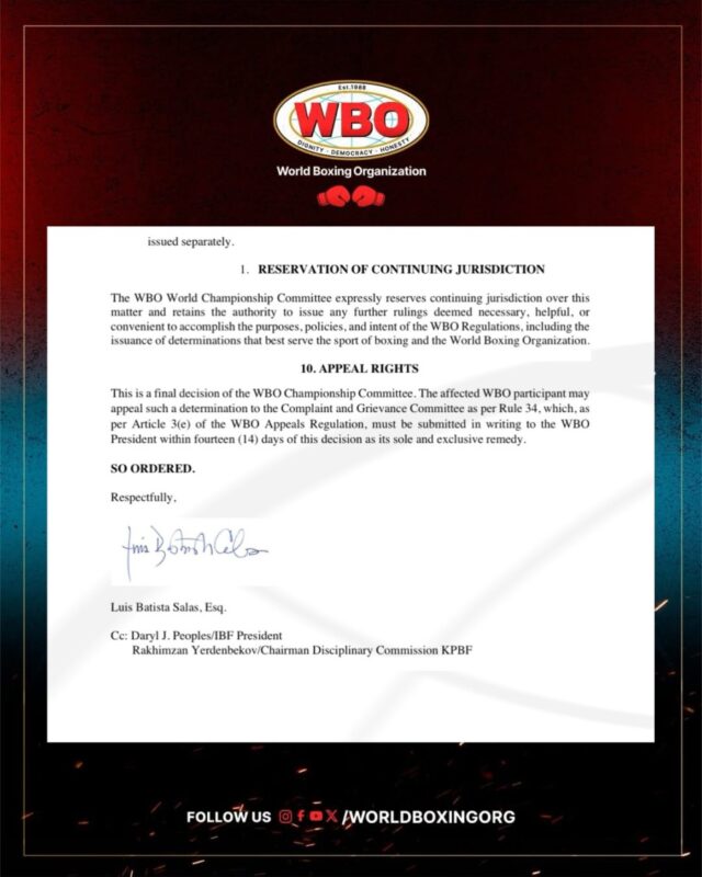 Résolution de la WBO sur le titre des poids moyens de Janibek