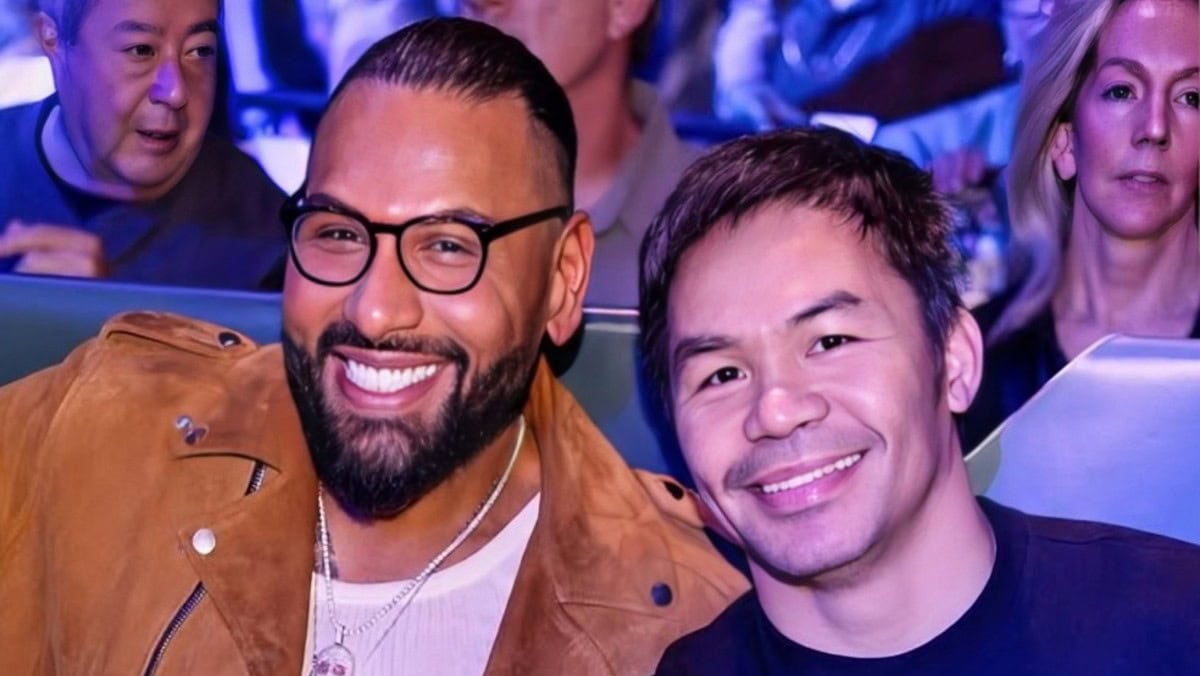 Jas Mathur with Manny Pacquiao as Mayweather–Pacquiao II is announced for September 19 at Sphere