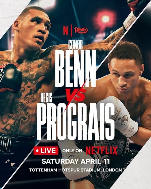 Affiche de combat de Conor Benn pour le stade Tottenham Hotspur montrant Benn contre Regis Prograis sur la sous-carte de Fury contre Arslanbek Makhmudov