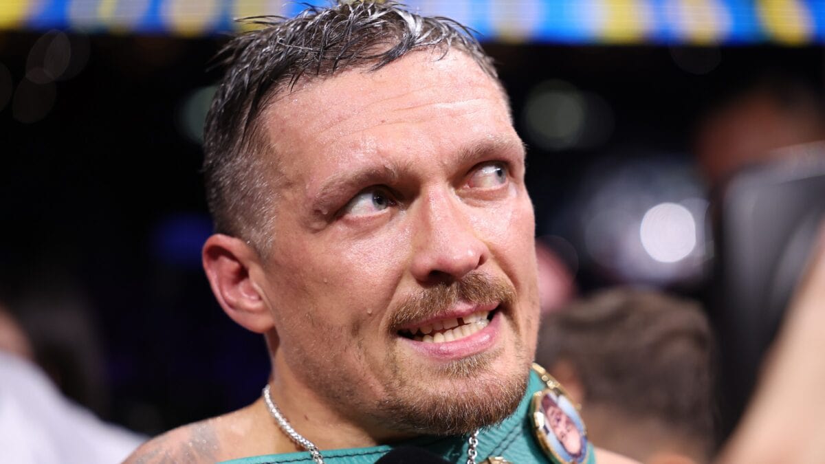 Oleksandr Usyk gives a -post-fight interview with the WBC belt