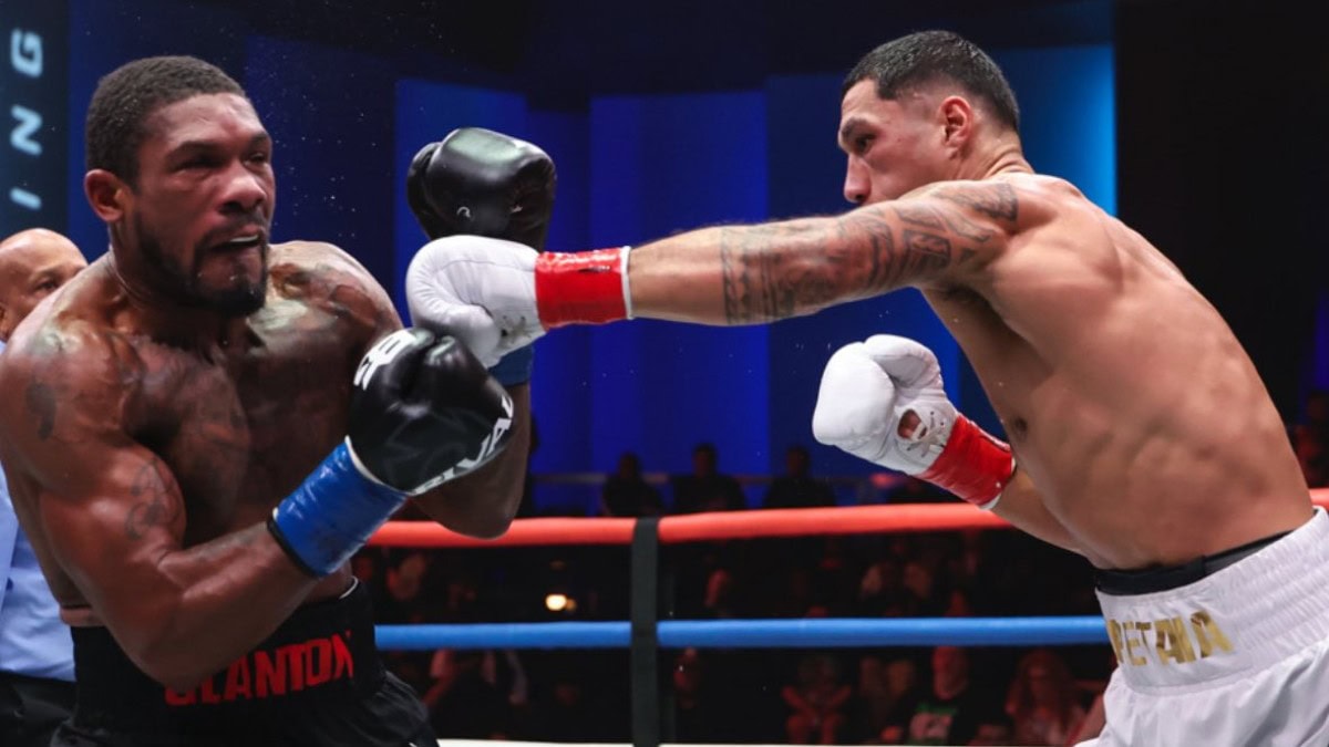 Jai Opetaia throws a punch at Brandon Glanton during their Zuffa cruiserweight title fight