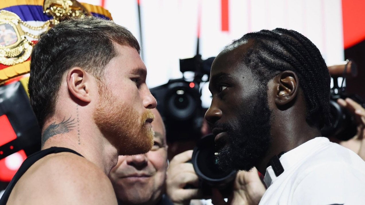 Canelo Alvarez and Terence Crawford face off during fight promotion