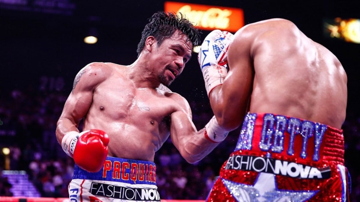 Manny Pacquiao lands a punch on Keith Thurman during their 2019 welterweight title fight in Las Vegas