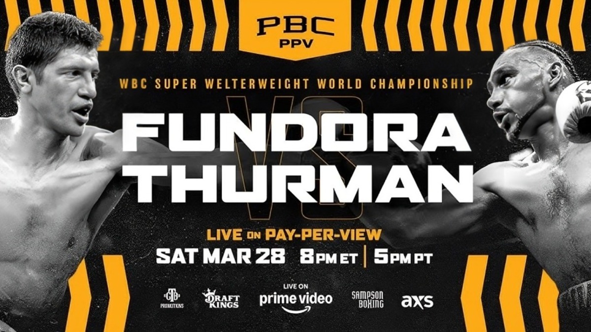 Sebastian Fundora vs Keith Thurman PBC Pay-Per-View poster for WBC super welterweight title fight in Las Vegas