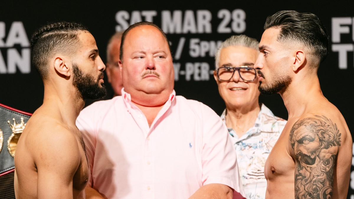 Yoenis Tellez and Brian Mendoza face off at the Fundora vs Thurman weigh-in in Las Vegas