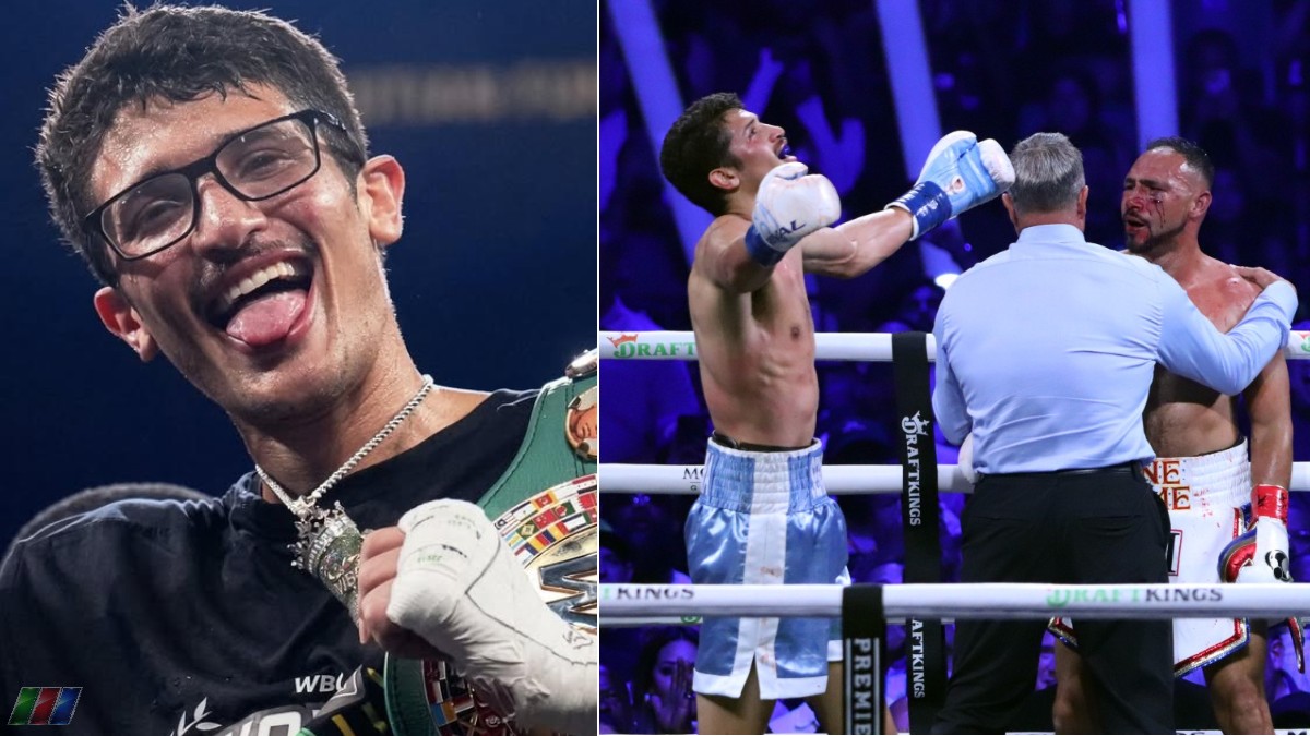 Sebastian Fundora celebrates with the WBC super welterweight title and Main Event Chain after stopping Keith Thurman
