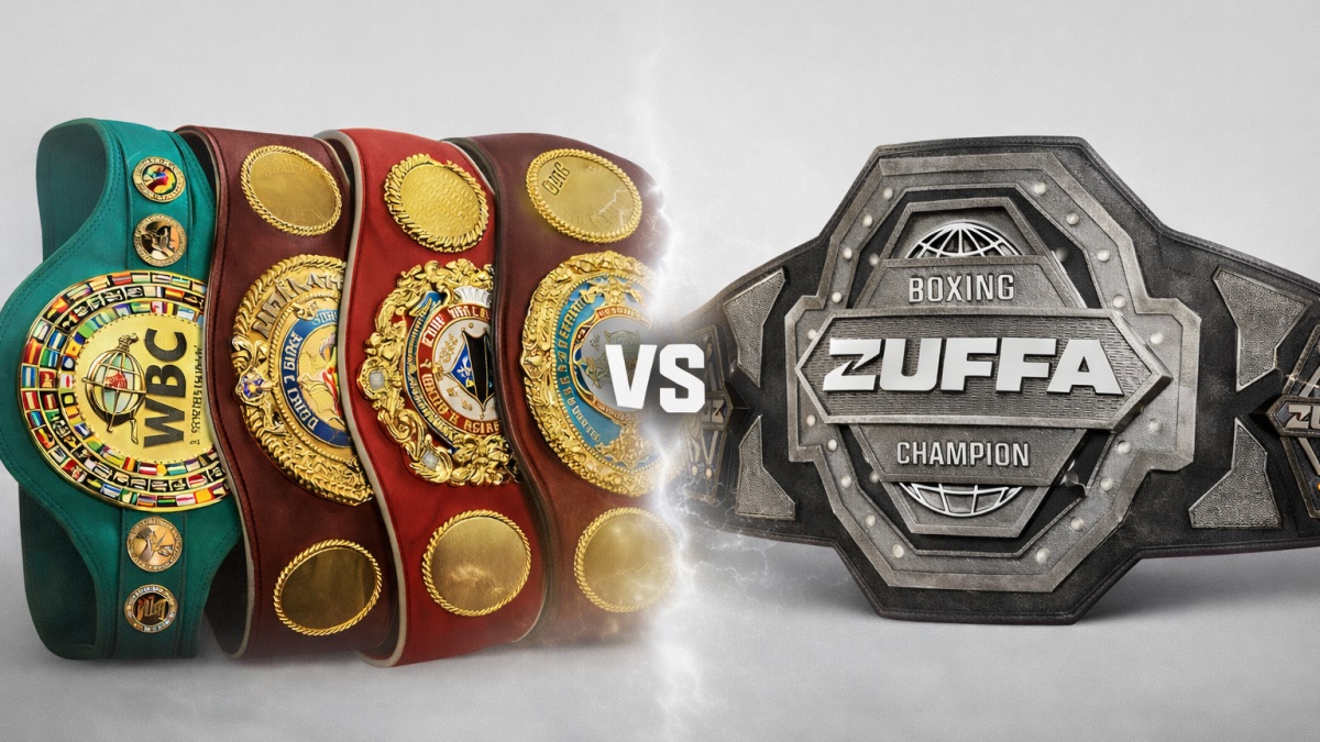 Boxing sanctioning belts versus the Zuffa Boxing championship belt representing the clash between traditional titles and league-style boxing