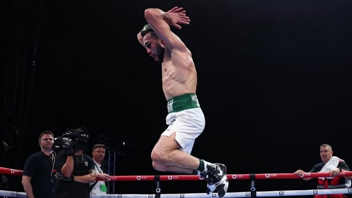 Shakhram Giyasov in action jumping mid-air after Riyadh bout