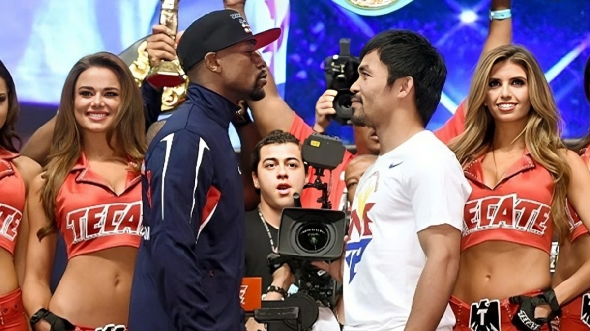 Floyd Mayweather and Manny Pacquiao face off before their 2015 super fight