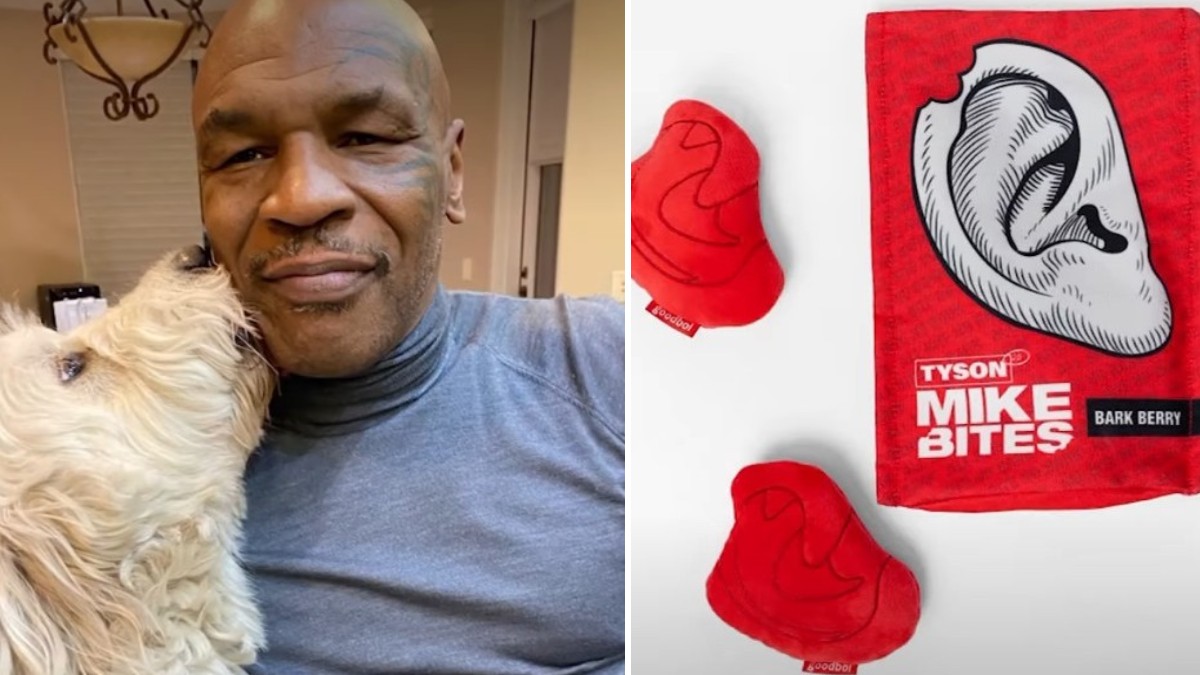Mike Tyson with dog alongside ear-shaped Mike Bites dog toy inspired by Evander Holyfield bite fight