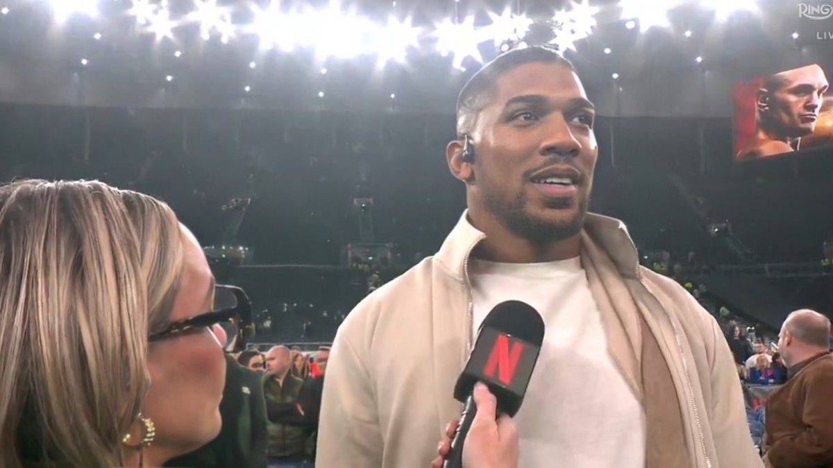 Anthony Joshua reacts after Tyson Fury defeats Arslanbek Makhmudov and calls him out in London
