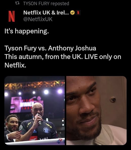 Tweet de Netflix UK annonçant le combat Tyson Fury contre Anthony Joshua pour l'automne au Royaume-Uni