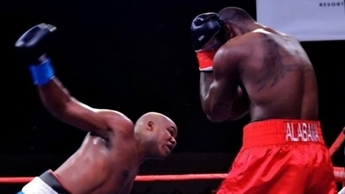 Harold Sconiers lands on Deontay Wilder during their 2010 fight at Fantasy Springs as controversy surrounds the knockdown