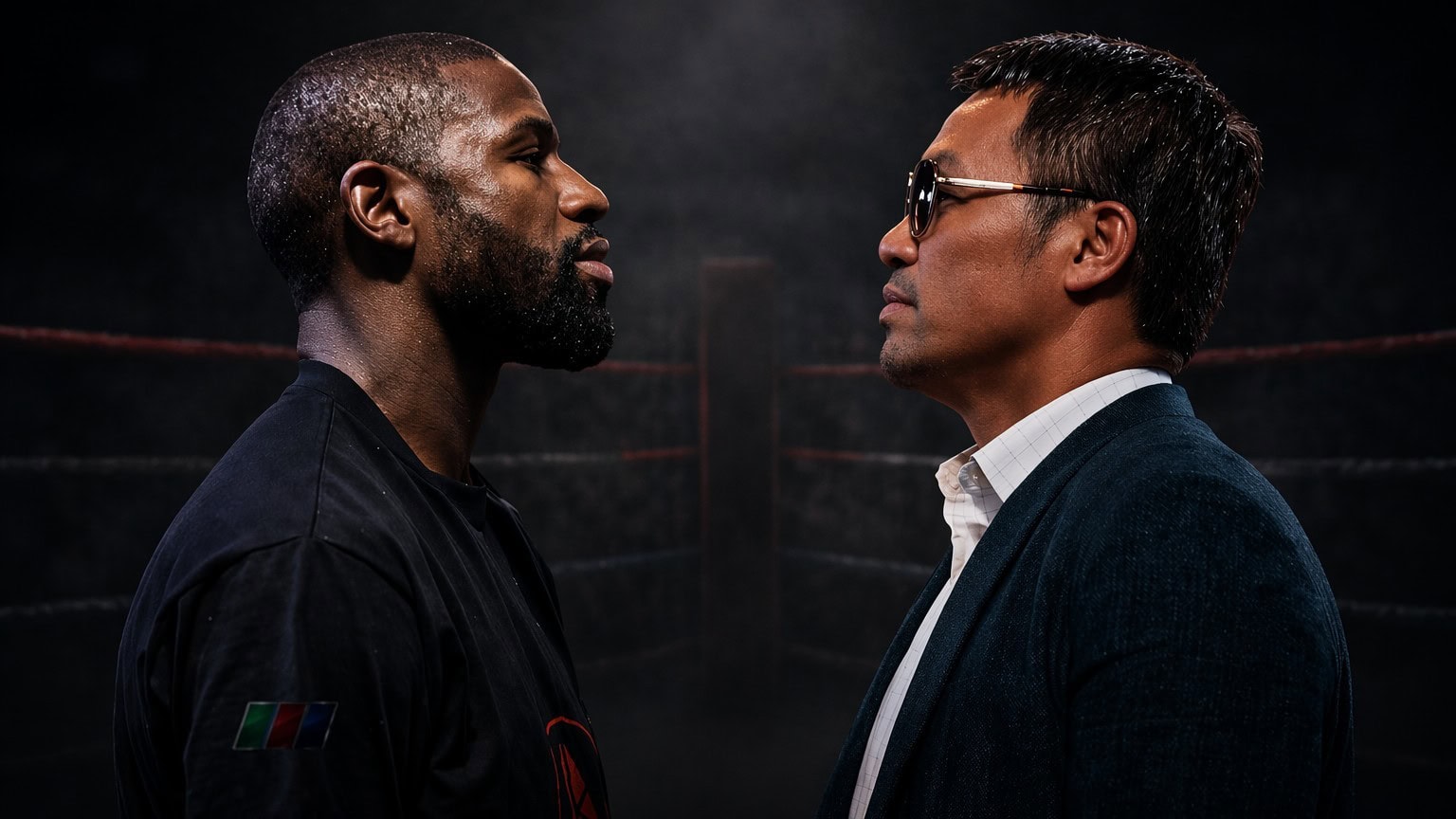 Floyd Mayweather and Manny Pacquiao face off in a dark boxing ring, staring intensely at each other ahead of a potential rematch