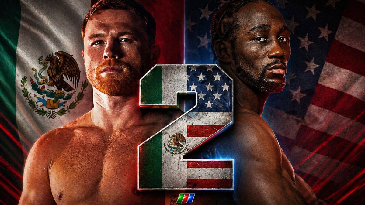 Canelo Alvarez vs Terence Crawford graphic with USA and Mexico flags and rematch theme