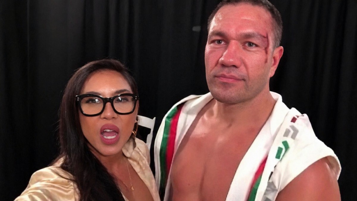 Kubrat Pulev with reporter Jenny Ravalo after post-fight interview in 2019
