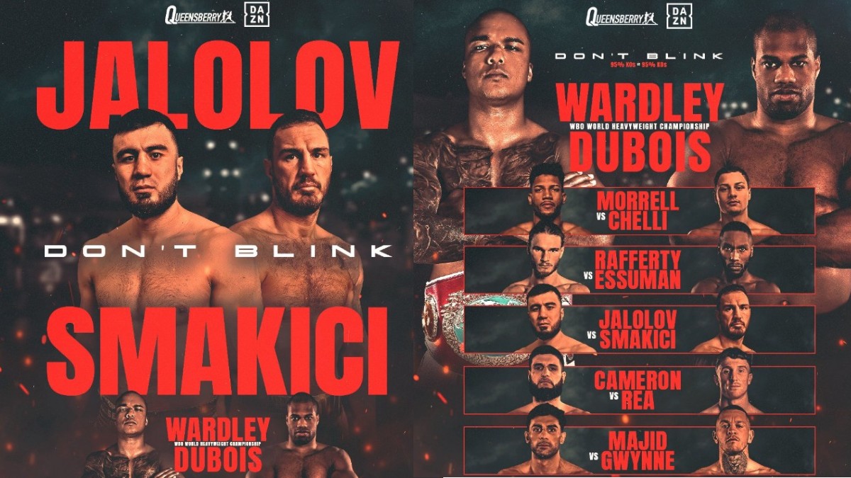 Wardley vs Dubois undercard poster featuring full lineup including Jalolov vs Smakici
