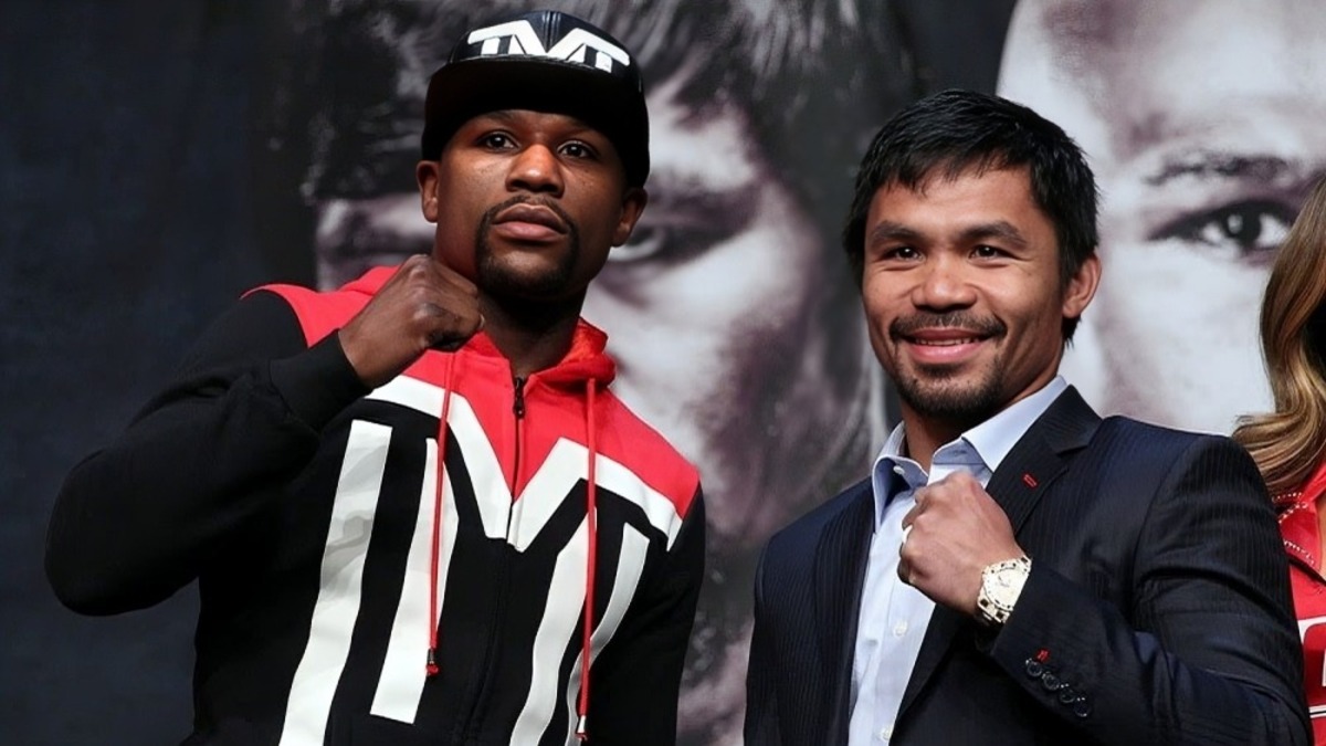 Floyd Mayweather and Manny Pacquiao during face-off ahead of potential rematch talks