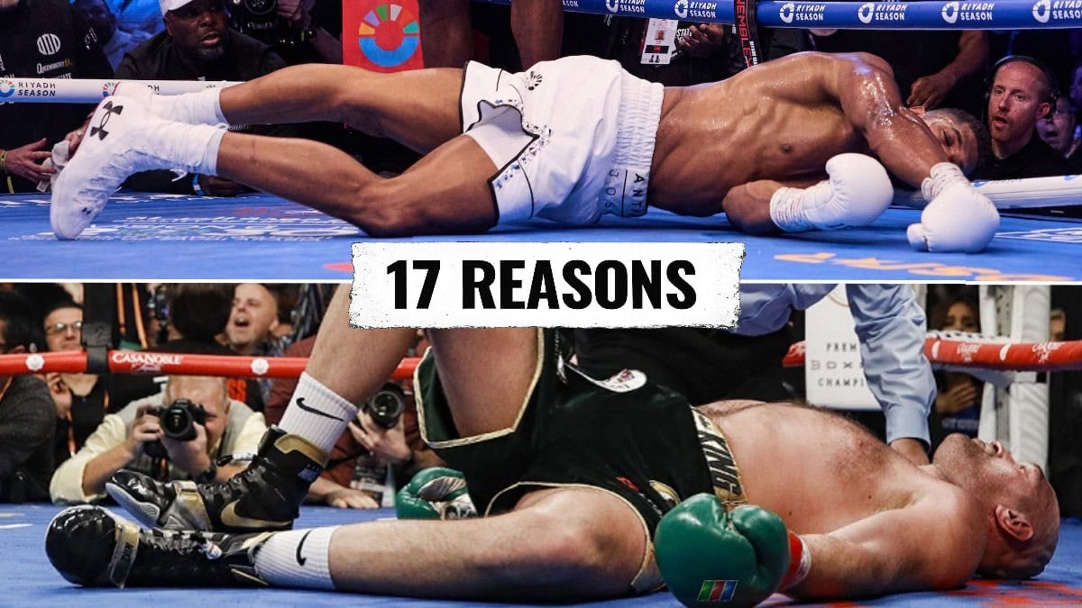 Anthony Joshua and Tyson Fury shown knocked down in separate heavyweight fights with a “17 Reasons” banner highlighting concerns over interim warm-up bouts before their planned mega-fight.