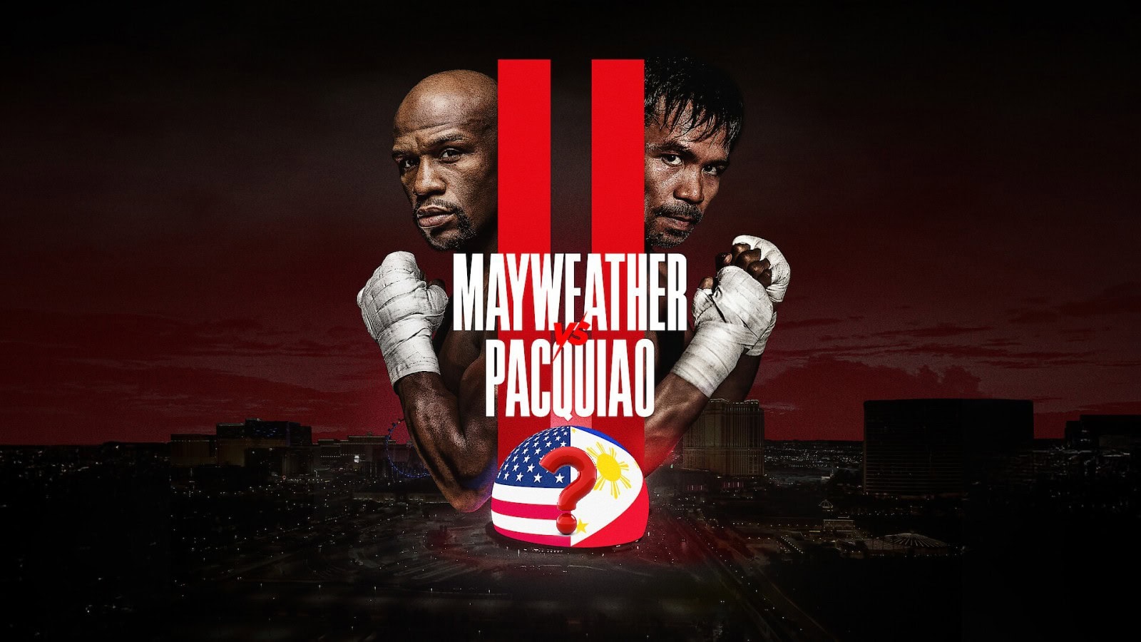 Floyd Mayweather and Manny Pacquiao face off with Las Vegas backdrop, highlighting uncertainty over Mayweather vs Pacquiao 2 rematch