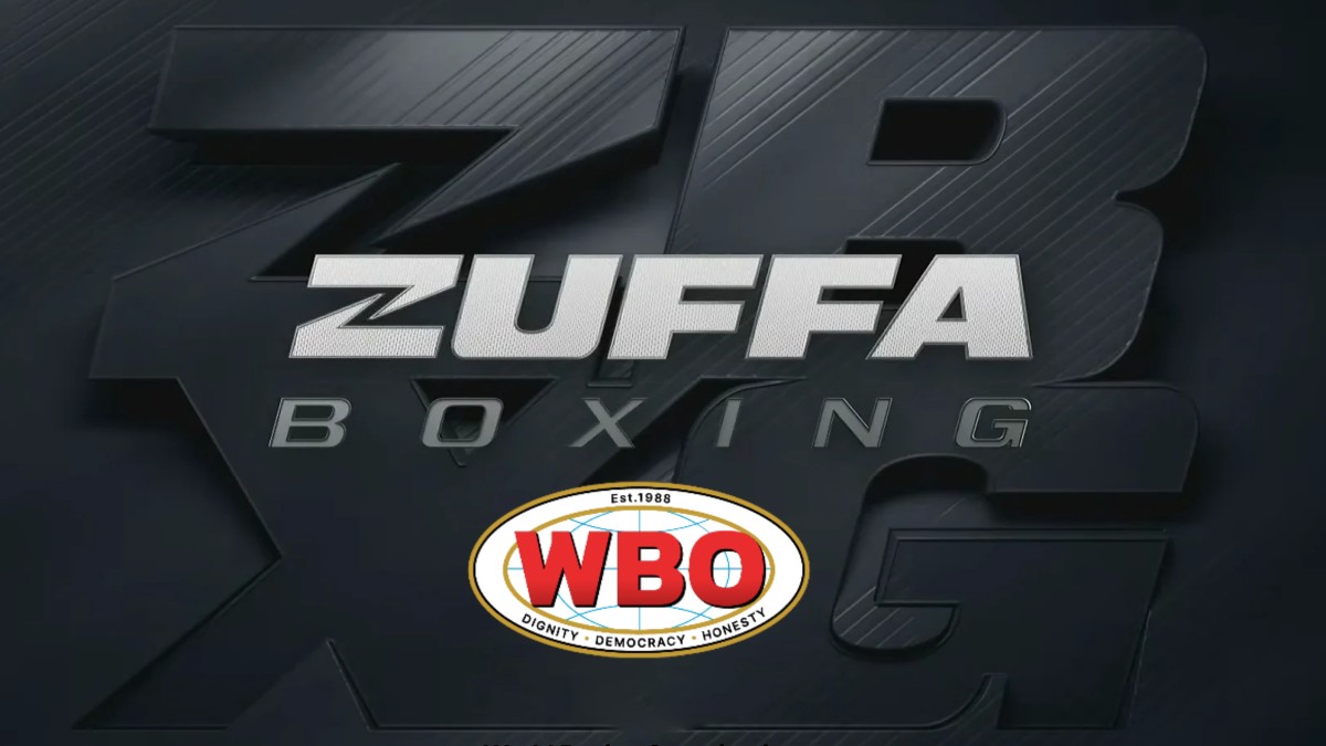 Zuffa Boxing and World Boxing Organization logos displayed together on a dark background representing boxing governance and regulatory tension.