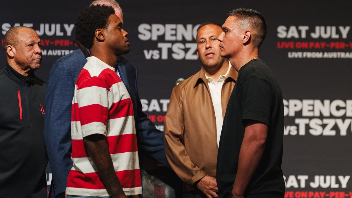 Errol Spence Jr and Tim Tszyu face off at press conference for July fight