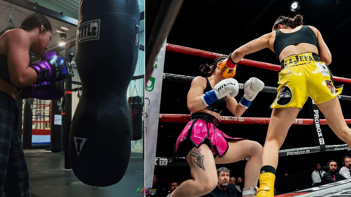 Isis Sio training on a heavy bag alongside fight action from the knockout loss that led to her medically induced coma recovery and possible boxing comeback