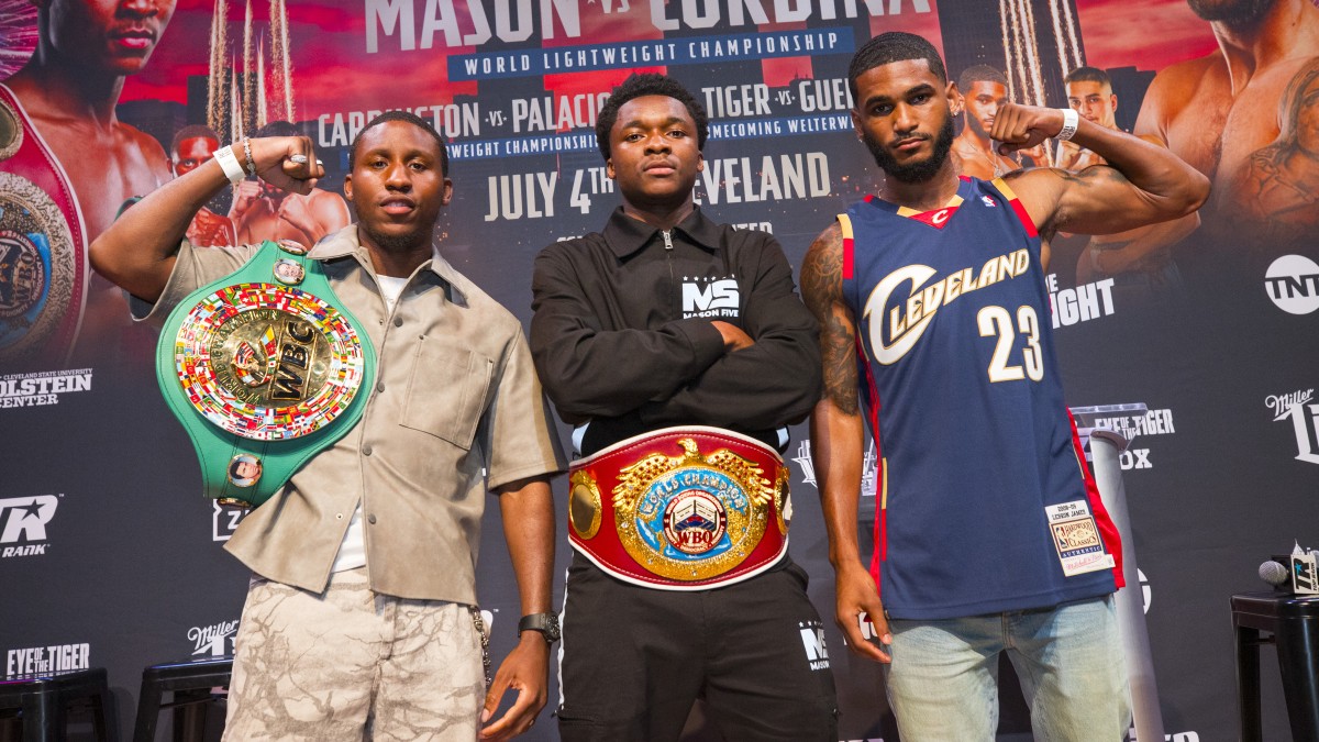 Abdullah Mason, Bruce Carrington and Tiger Johnson pose during The Fight launch announcement in Cleveland for the TNT Sports and DAZN event on July 4