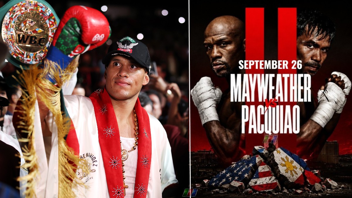 Benavidez holding WBC belt beside Mayweather vs Pacquiao 2 September 26 graphic as Las Vegas date pressure builds.