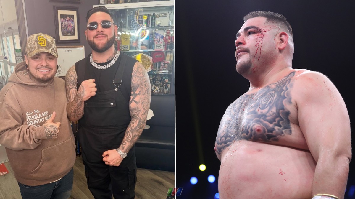 Andy Ruiz Jr weight loss comparison showing current slim appearance beside heavier heavyweight title-era image