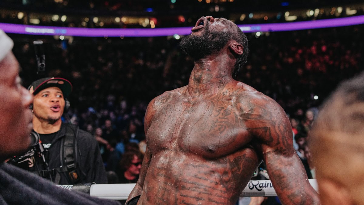 Deontay Wilder reacts after defeating Derek Chisora as WBC title route opens without Usyk