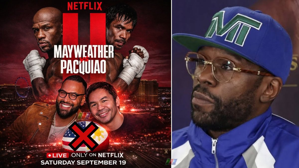 Floyd Mayweather beside a canceled Netflix-style Mayweather vs Manny Pacquiao rematch poster after Sphere plans collapsed for the proposed September fight.