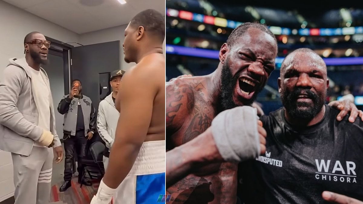 Deontay Wilder appears with his heavily strapped right hand alongside Derek Chisora after their heavyweight fight, while also greeting unbeaten contender Pryce Taylor backstage in College Park