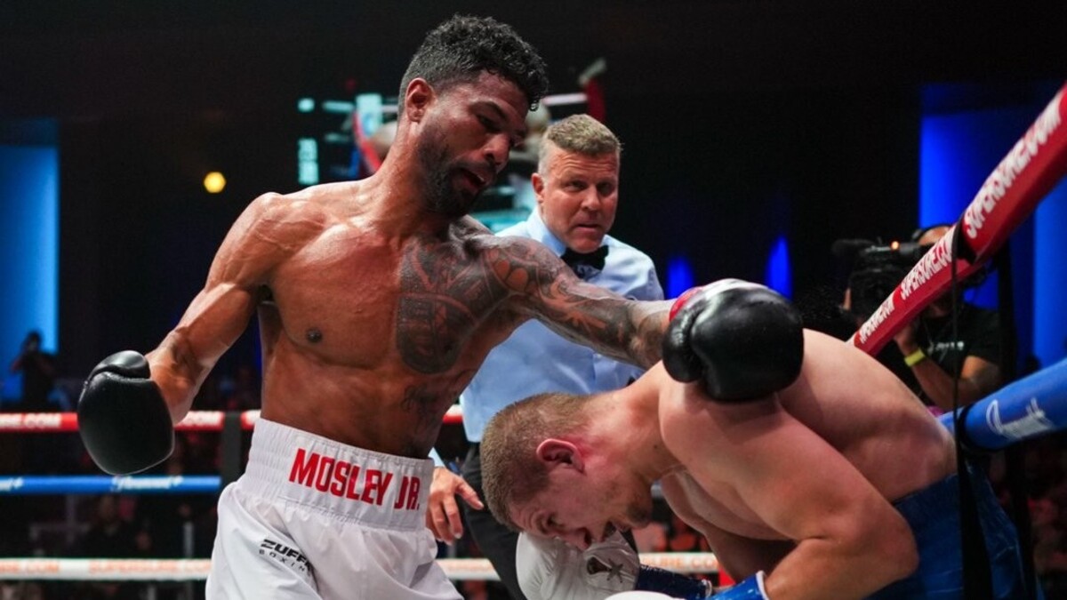 Shane Mosley Jr lands a punch on Serhii Bohachuk during their Zuffa Boxing 6 fight in Las Vegas