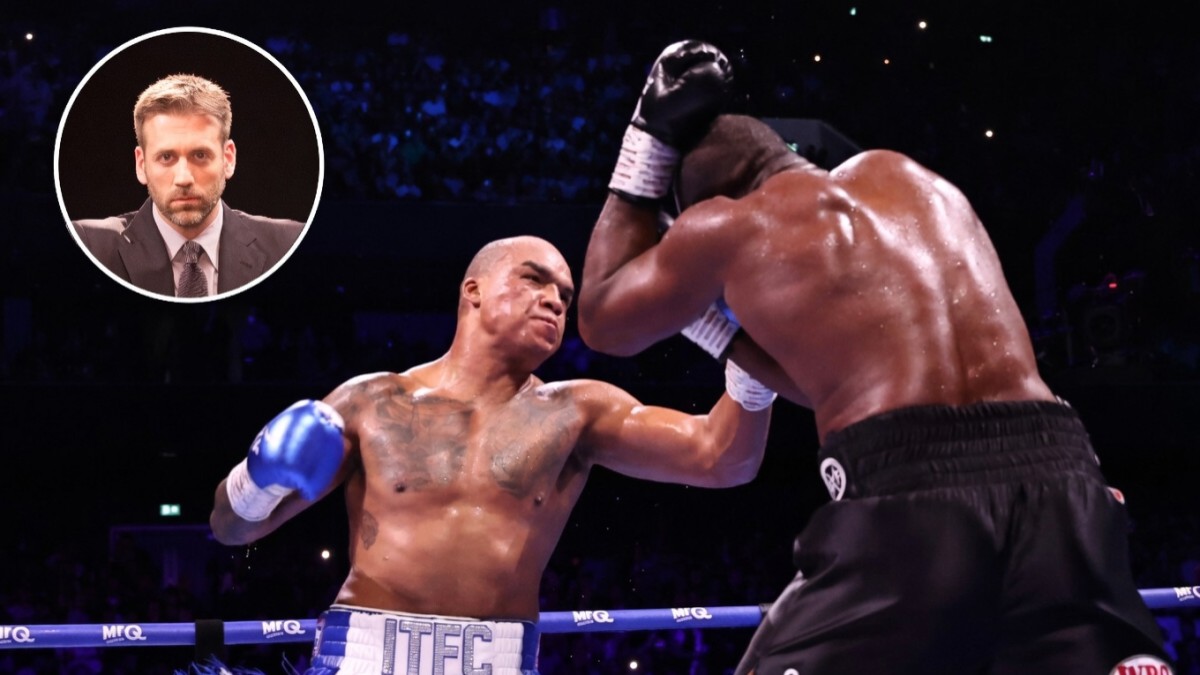 Max Kellerman inset beside Daniel Dubois and Fabio Wardley during their heavyweight fight in Manchester.