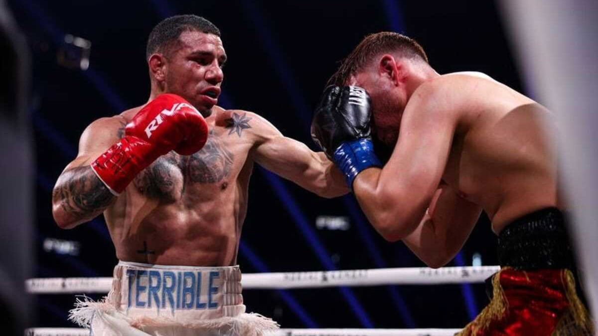 Ismael Flores lands a punch on Isaac Lucero during their breakout super welterweight fight in Las Vegas after throwing 881 punches on the Benavidez vs Ramirez undercard