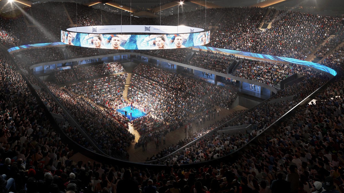 Concept image of the proposed 25,000-seat London Colosseum arena hosting a major boxing event in Stratford.