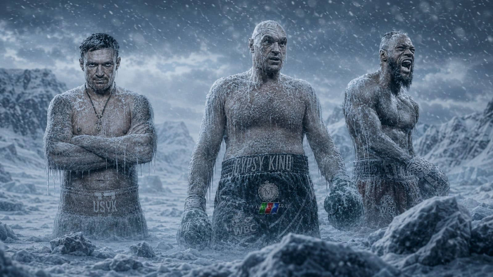 Oleksandr Usyk, Tyson Fury and Deontay Wilder shown frozen in ice for a feature on the WBC heavyweight top 10 rankings