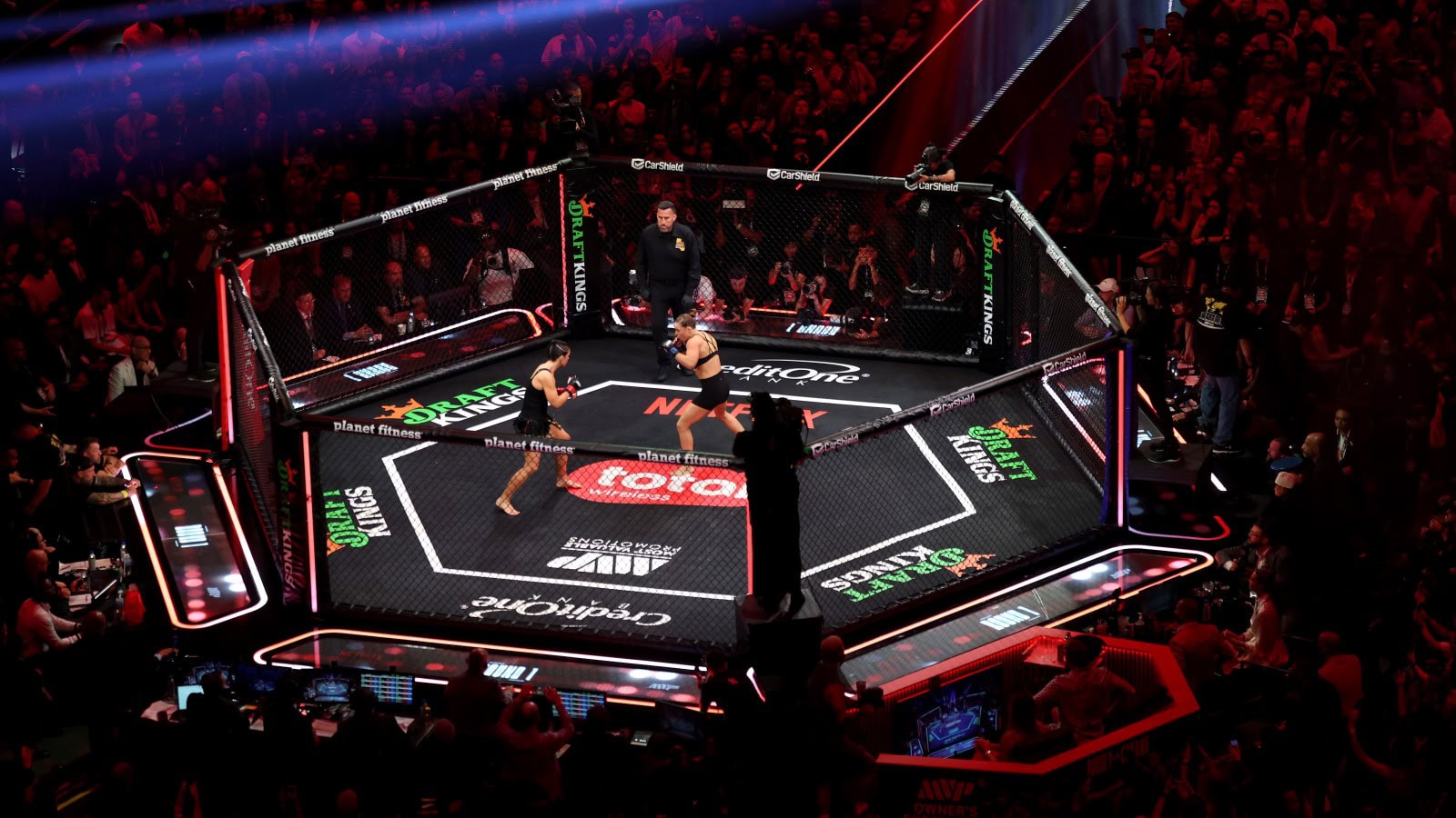 Ronda Rousey vs Gina Carano during MVP MMA’s Netflix event at Intuit Dome in Los Angeles