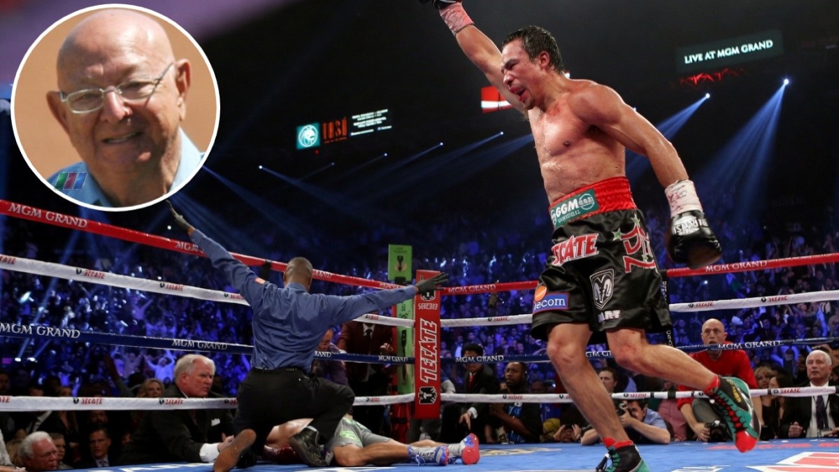 Angelo Dundee inset alongside Juan Manuel Marquez celebrating his knockout victory over Manny Pacquiao in their 2012 fourth fight.